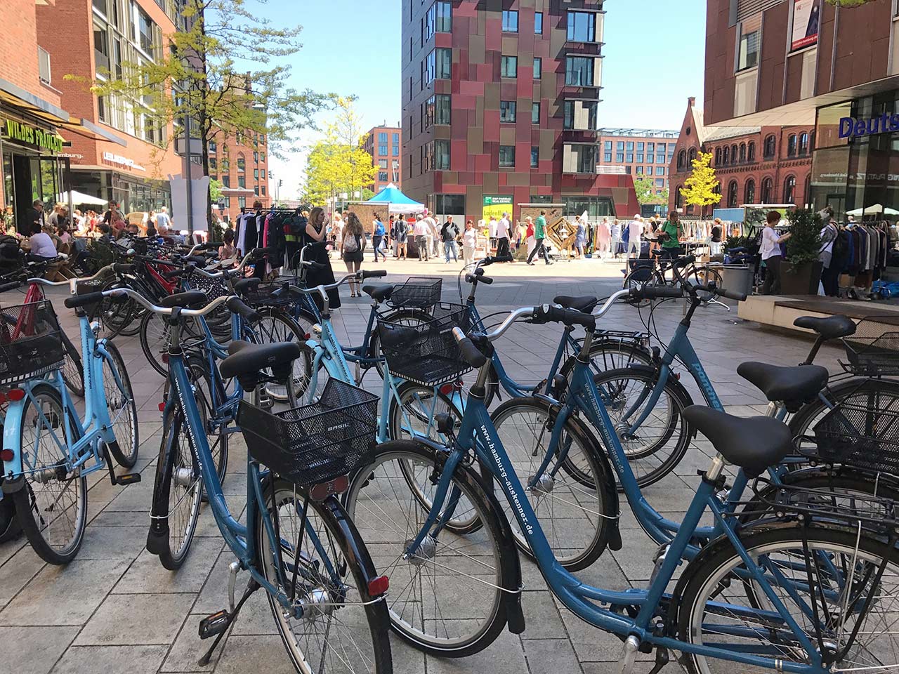 Blaue Fahrrader der Hamburg Auskenner in der Hafencity